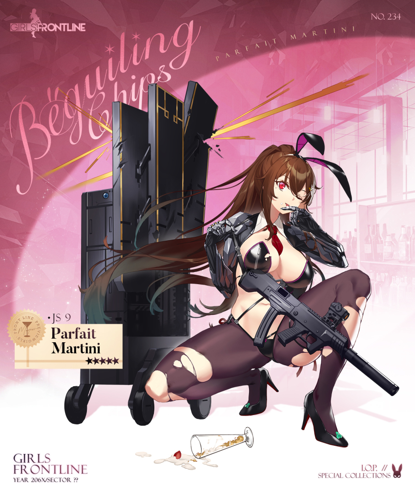 1girl ;p animal_ears behind_cover between_breasts bikini black_bikini black_pantyhose black_shoes breasts brown_hair bullpup character_name cleavage commentary copyright_name cup detached_collar drinking_glass english_commentary english_text fake_animal_ears fangdan_runiu food food_on_face food_on_hand footwear_ornament full_body girls&#039;_frontline gun gun_sling hair_ornament has_bad_revision has_censored_revision high_heels highres js_9_(girls&#039;_frontline) js_9_(parfait_martini)_(girls&#039;_frontline) large_breasts leotard licking licking_finger licking_own_finger light_smile long_hair looking_up mechanical_arms meme_attire mole mole_under_eye navel necktie necktie_between_breasts official_alternate_costume official_art one_eye_closed pantyhose parfait pink_background playboy_bunny promotional_art prosthesis prosthetic_arm qcw-05 rabbit_ears red_eyes red_necktie reverse_bunnysuit reverse_outfit second-party_source shoes solo spill squatting star_(symbol) strawberry_parfait stray_bullets swimsuit thigh_strap tongue tongue_out torn_bikini torn_clothes torn_pantyhose very_long_hair weapon_case wheel zipper zipper_bikini