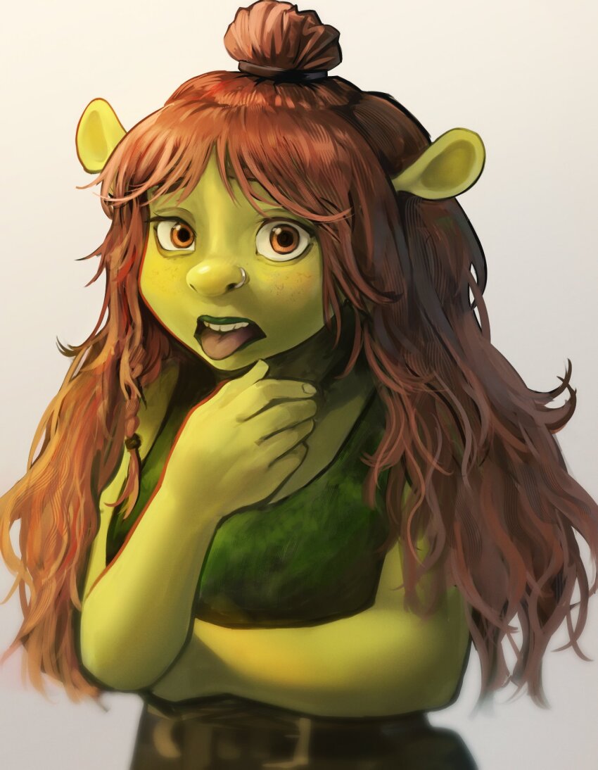1girl aiv brown_eyes brown_hair colored_skin felicia_(shrek) green_shirt green_skin highres long_hair looking_at_viewer nose_piercing nose_ring ogre open_mouth piercing shirt shrek_(series) shrek_5 simple_background sleeveless sleeveless_shirt solo teeth tongue tongue_out upper_body upper_teeth_only white_background