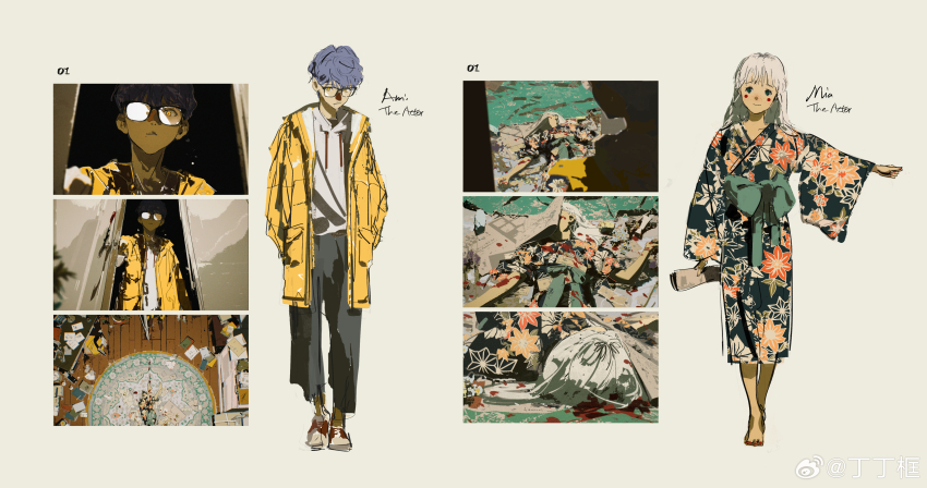 1boy 1girl absurdres ami_(fusheng_yi_xi) black_pants blonde_hair blue_eyes curly_hair drawstring full_body fusheng_yi_xi glasses grey_hair hands_in_pockets highres hood hoodie jacket japanese_clothes kimono markings_on_cheeks mia_(fusheng_yi_xi) pants red_nails reference_sheet sheya_tin shoes sneakers standing watermark weibo_username weibo_watermark white_hoodie yellow_eyes yellow_jacket