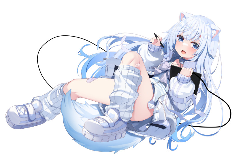 1girl animal_ear_fluff animal_ears bandaid bandaid_on_leg blue_eyes character_request collar commission dodome-iro_mayonnaise fang highres holding holding_stylus holding_tablet_pc indie_virtual_youtuber jacket leg_warmers long_hair long_sleeves looking_at_viewer open_clothes open_jacket open_mouth pixiv_commission skin_fang solo stylus tablet_pc tail transparent_background virtual_youtuber white_hair
