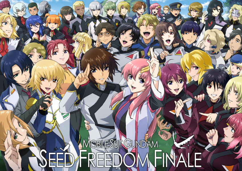 abbey_windsor agnes_giebenrath albert_heinlein alexei_konoe arnold_neumann arthur_trine athrun_zala aura_maha_khyber black_hair blonde_hair blue_eyes blue_hair brown_hair cagalli_yula_athha closed_eyes closed_mouth couple daniel_harper dark_skin dearka_elsman gilbert_durandal glasses green_eyes green_hair grey_hair griffin_arbalest gundam gundam_seed gundam_seed_destiny gundam_seed_freedom hair_between_eyes hair_ornament hat heine_westenfluss highres holding_hands ingrid_tradoll kira_yamato lacus_clyne liu_shenqiang long_hair long_sleeves lunamaria_hawke mask meer_campbell meyrin_hawke miguel_aiman military military_uniform miriallia_haw mu_la_flaga multiple_boys multiple_girls murrue_ramius natarle_badgiruel nicol_amafli one_eye_closed open_mouth orange_hair orphee_lam_tao pink_hair purple_eyes rau_le_creuset red_eyes red_hair redelard_tradoll rey_za_burrel sai_argyle shiho_hahnenfuss shinn_asuka shirt short_hair shura_serpentine sky smile stellar_loussier takatoshi talia_gladys toyah_mashima yellow_eyes yzak_joule zaft_uniform