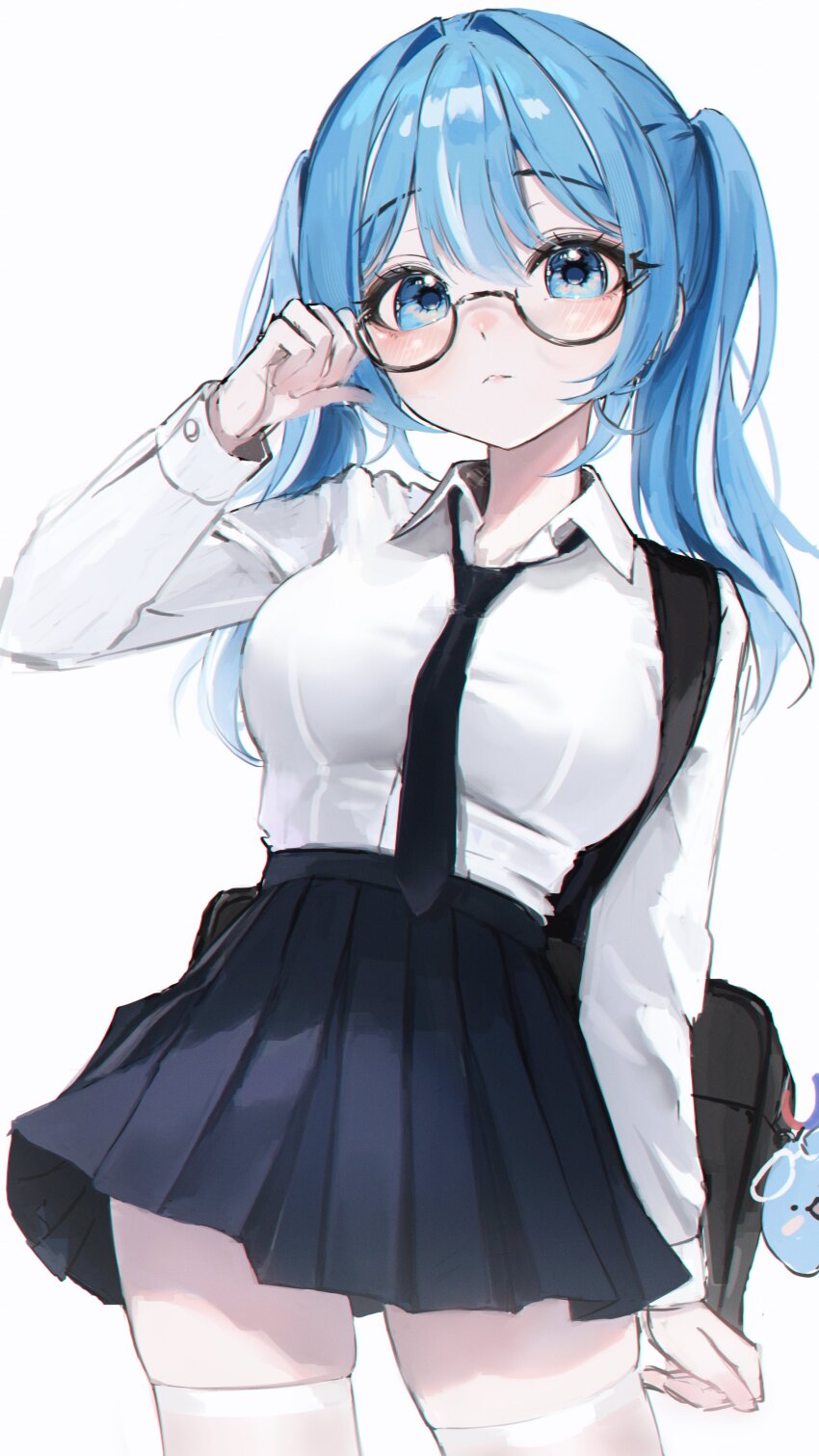 1girl absurdres arahashi_tabi bag bbeedol black-framed_eyewear black_necktie black_skirt blue_eyes blue_hair breasts collared_shirt cowboy_shot dress_shirt glasses hand_up high-waist_skirt highres long_hair long_sleeves looking_at_viewer medium_breasts necktie pleated_skirt semi-rimless_eyewear shirt shirt_tucked_in simp skirt solo stellive thighhighs twintails under-rim_eyewear virtual_youtuber white_background white_shirt white_thighhighs zettai_ryouiki