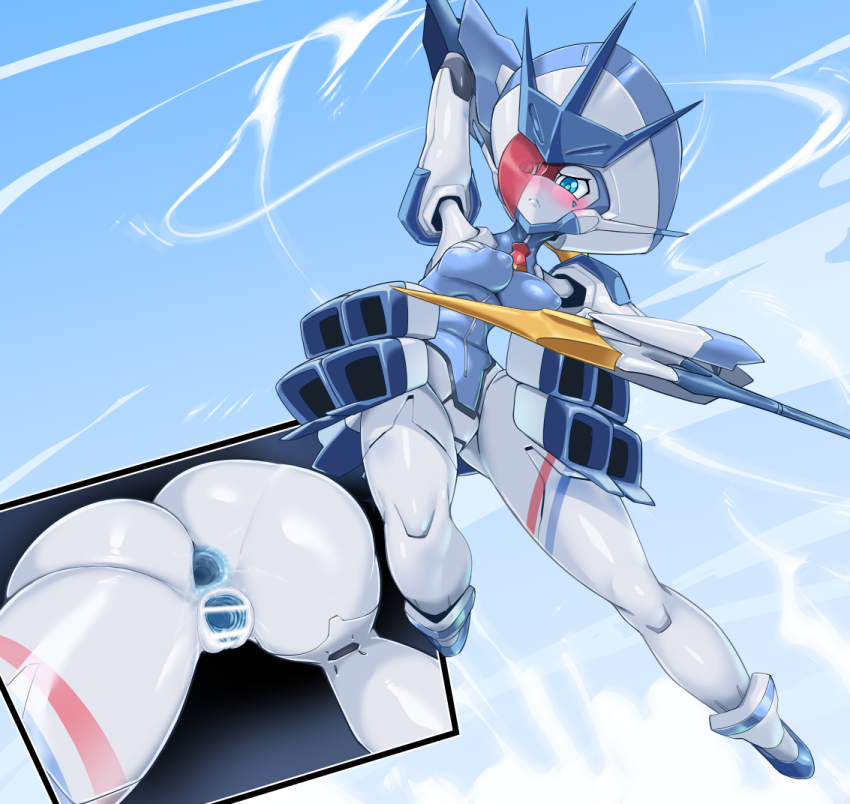 1girl android anus bar_censor blue_eyes blue_skin blue_sky blush breasts censored closed_mouth colored_skin darling_in_the_franxx day delphinium_(darling_in_the_franxx) double_penetration eyes_visible_through_hair flying hand_up invisible_penis joints looking_at_viewer medium_breasts multicolored_skin nude outdoors pochincoff pointy_breasts pussy robot_joints sky solo spread_anus spread_pussy two-tone_skin white_skin