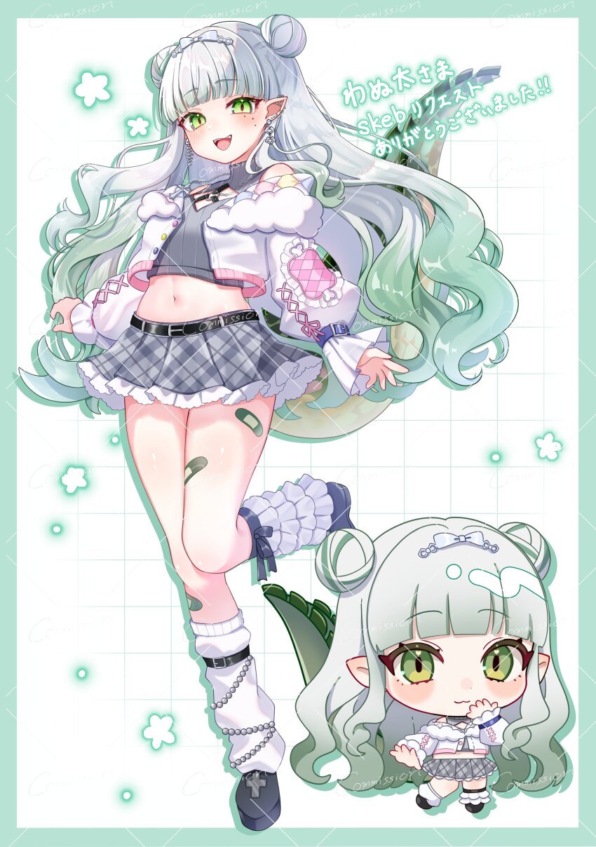 1girl absurdres asymmetrical_legwear bandaid bandaid_on_leg black_shoes blush border chibi chibi_inset commentary_request commission crop_top cropped_jacket double_bun ear_piercing earrings full_body gradient_hair green_border green_eyes green_hair grey_skirt greyscale hair_bun highres jewelry long_hair looking_at_viewer mismatched_legwear mole mole_under_eye monochrome multicolored_hair navel necklace open_mouth original otoufu_tea piercing pointy_ears shoes skeb_commission skirt teeth two-tone_hair upper_teeth_only watermark watermark_grid