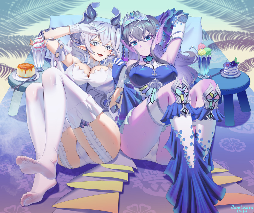 2girls aqua_eyes arm_fins armpits arms_up blue_dress blush breasts cake cup demon_girl demon_horns detached_sleeves dress drill_hair drinking_straw duel_monster feet fins fish_girl food frilled_thigh_strap gloves grey_corset grey_hair hair_between_eyes hair_ornament head_fins highres holding_hands horns ice_cream jewelry kitkallos_(yu-gi-oh!) large_breasts long_hair long_sleeves looking_at_viewer lovely_labrynth_of_the_silver_castle lying multiple_girls on_back open_mouth palm_tree panties pillow plate pudding rare_lemon ring silver_tiara sleeves_past_wrists smile soles spoon tearlaments_kitkallos thigh_strap thighhighs thighs tree twin_drills underwear white_dress white_eyes white_gloves white_hair white_panties white_thighhighs wide_sleeves yu-gi-oh! yuri