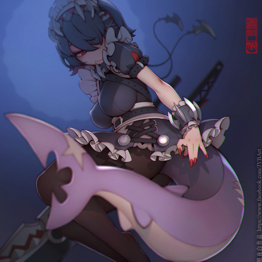 1girl black_hair breasts brown_pantyhose closed_mouth ellen_joe facebook_username fins fish_tail maid maid_headdress medium_breasts multicolored_hair pantyhose puffy_short_sleeves puffy_sleeves red_eyes red_hair shark_girl shark_tail short_hair short_sleeves smile solo tail two-tone_hair watermark web_address zenless_zone_zero zhaoyebai