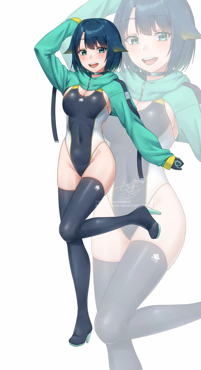 1girl awono_nanaumi black_one-piece_swimsuit black_thighhighs blue_hair breasts cleavage commentary_request competition_swimsuit covered_navel fukami_nana_(awono_nanaumi) full_body gradient_hair green_eyes green_shrug hair_flaps highleg highleg_one-piece_swimsuit highres looking_at_viewer medium_breasts multicolored_hair multiple_views one-piece_swimsuit original short_hair shrug_(clothing) simple_background smile standing swimsuit thighhighs two-tone_swimsuit upper_body white_background zoom_layer