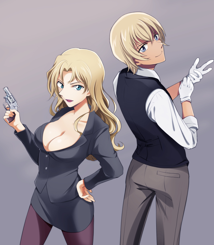1boy 1girl absurdres amuro_tooru aqua_eyes bad_id bad_pixiv_id blonde_hair blue_eyes breasts cleavage collarbone formal_clothes gloves gun hand_on_own_hip handgun highres holding holding_weapon large_breasts lipstick long_hair looking_at_viewer makeup meitantei_conan pantyhose parted_lips pencil_skirt revolver shirt short_hair simple_background skirt skirt_suit smile suit taccomm vermouth_(meitantei_conan) vest wavy_hair weapon white_shirt
