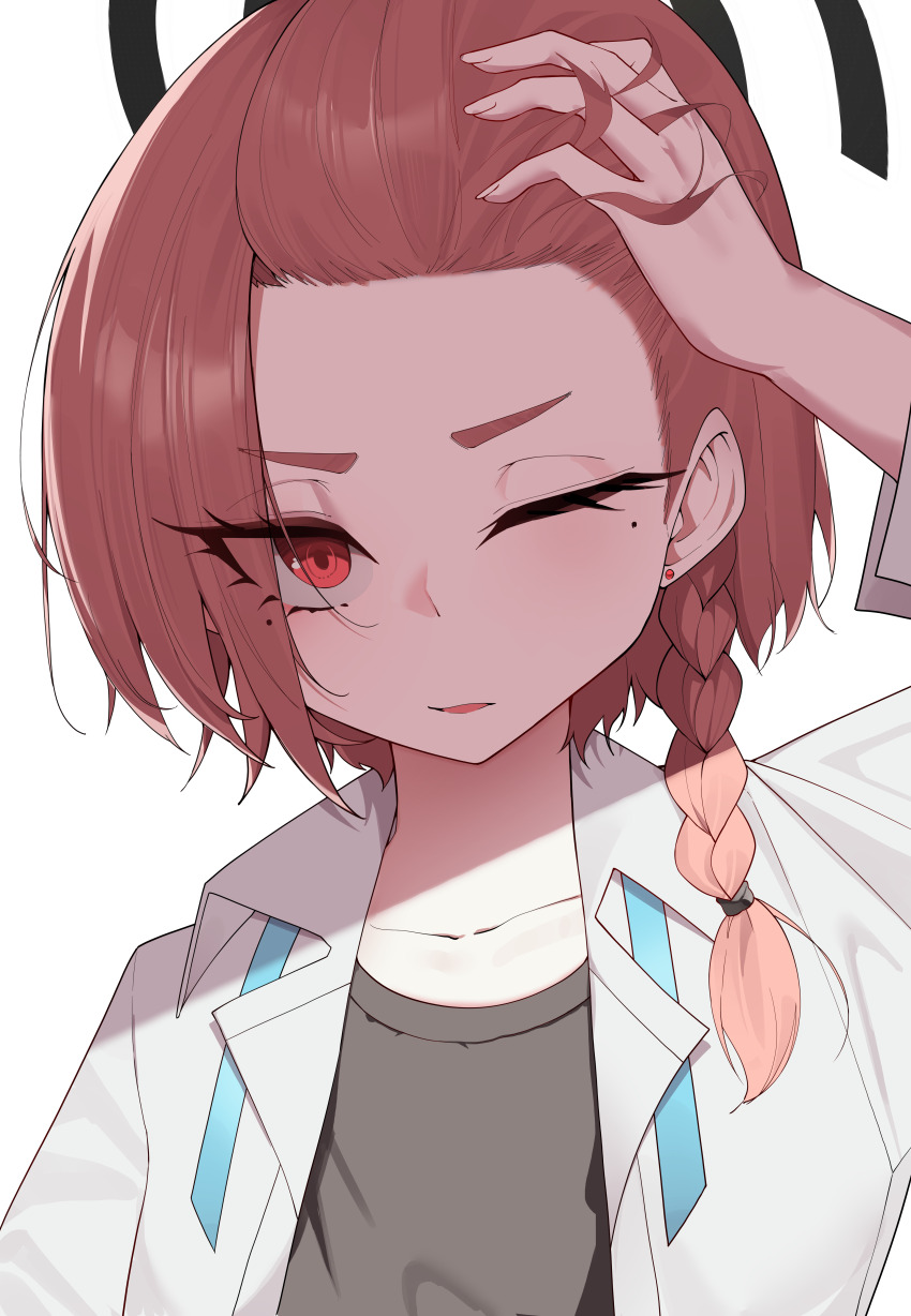 1girl ;o absurdres black_undershirt blue_archive braid chirpy collarbone commentary earrings forehead halo hand_on_own_head highres jewelry korean_commentary looking_at_viewer mole mole_under_each_eye mole_under_eye multiple_moles neck_ribbon neru_(blue_archive) neru_(school_uniform)_(blue_archive) one_eye_closed orange_hair red_eyes ribbon shirt simple_background single_braid solo stud_earrings undone_neck_ribbon upper_body white_background white_shirt