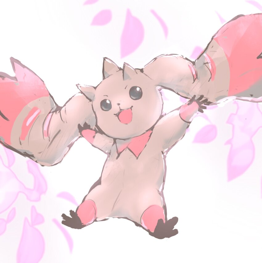 absurdres animal_ears black_eyes body_fur brown_fur cherry_blossoms digimon digimon_(creature) highres horns lop_rabbit_ears lopmon name_e04 open_mouth petals rabbit_ears simple_background solo white_background