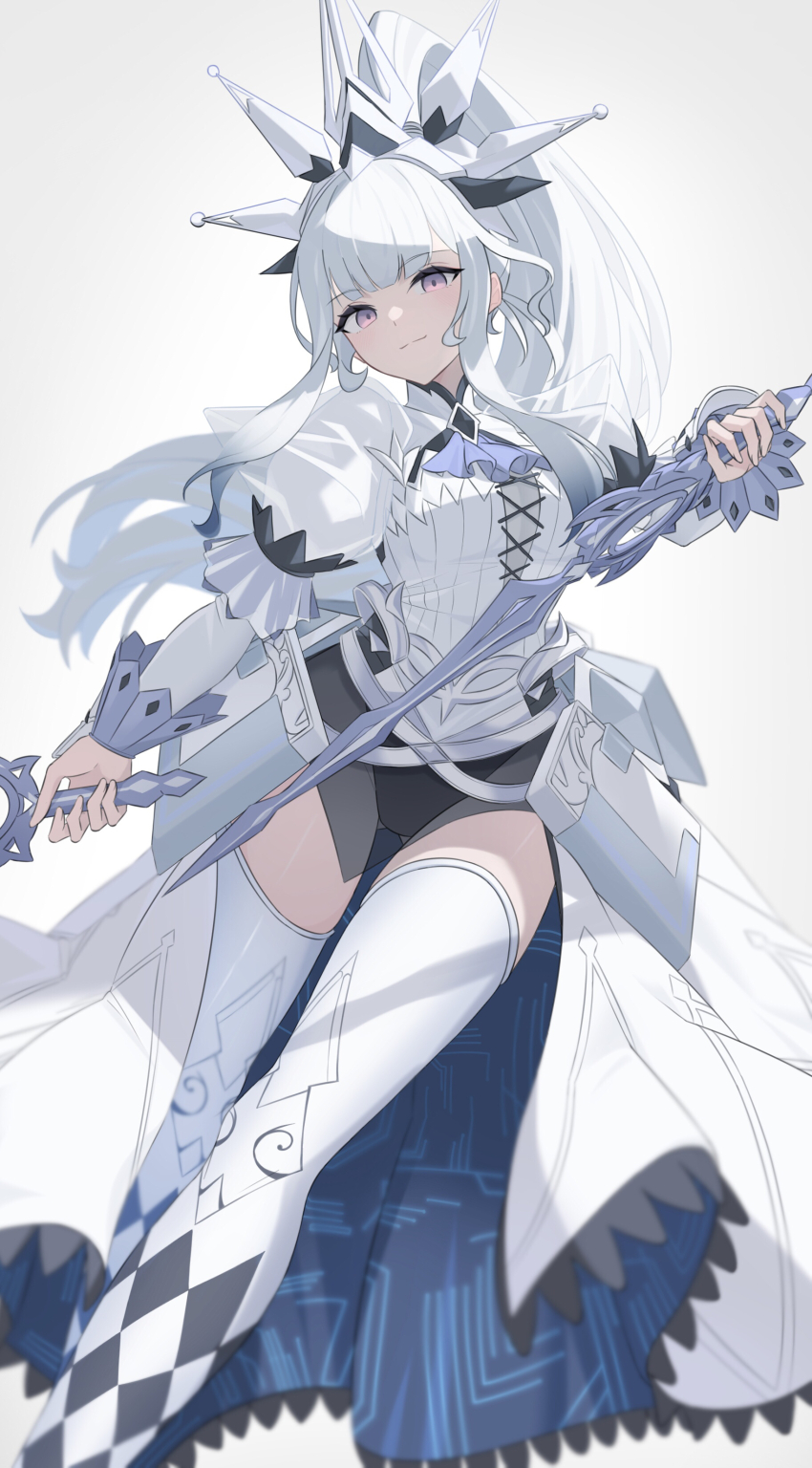 1girl absurdres blunt_bangs breasts contrapposto dress duel_monster grey_hair heichi highres holding holding_sword holding_weapon leotard maliss_&lt;q&gt;_white_binder ponytail purple_eyes rapier solo standing sword thighhighs weapon white_dress white_hair white_thighhighs yu-gi-oh! zettai_ryouiki