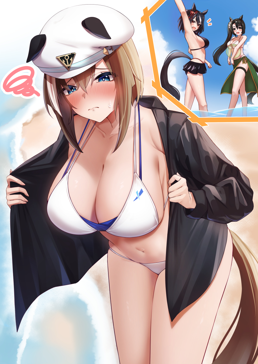 3girls absurdres animal_ears arm_up armpits arugou beach bikini bikini_skirt black_hair black_shirt blue_eyes blush breasts brown_hair cheval_grand_(umamusume) closed_mouth day ears_down ears_through_headwear embarrassed hair_between_eyes hair_ornament hat highres horse_ears horse_girl horse_tail kitasan_black_(umamusume) large_breasts layered_bikini leaning_forward long_hair long_sleeves medium_hair multiple_girls navel nose_blush open_clothes open_mouth open_shirt outdoors raised_inner_eyebrows sarong satono_crown_(umamusume) shirt side_ponytail smile solo_focus squiggle standing swimsuit swimsuit_under_clothes tail thigh_strap thighhighs umamusume very_long_hair wading water