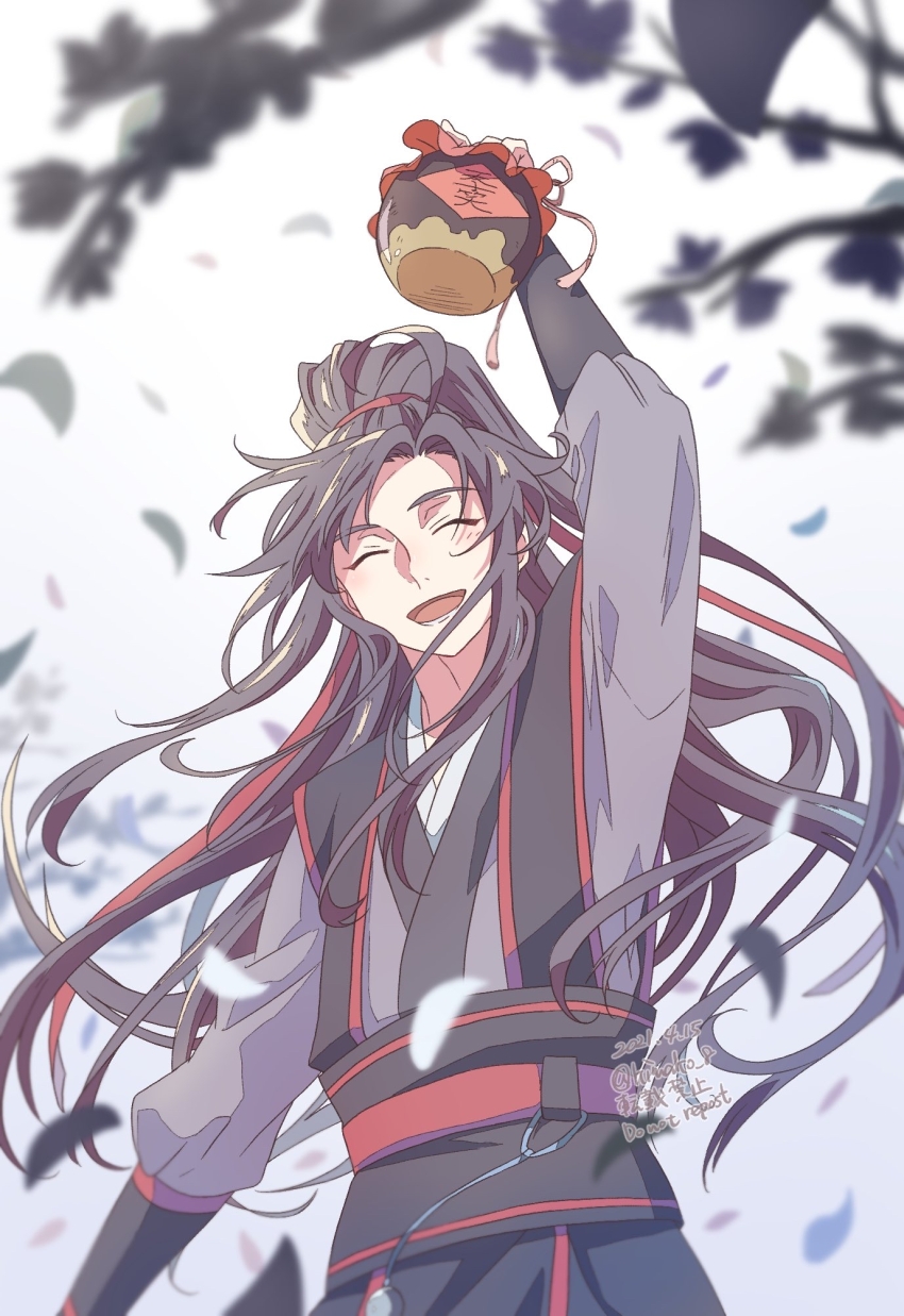 1boy :d ^_^ ahoge arm_up black_hair black_hanfu blurry branch chinese_clothes closed_eyes dated depth_of_field falling_leaves floating_hair hair_ribbon hanfu highres holding holding_jar jar kimako_(kimako_8) leaf long_hair long_sleeves male_focus modao_zushi open_mouth petals ponytail red_ribbon ribbon sash sidelocks smile solo tree tunic twitter_username watermark wei_wuxian wind yaopei