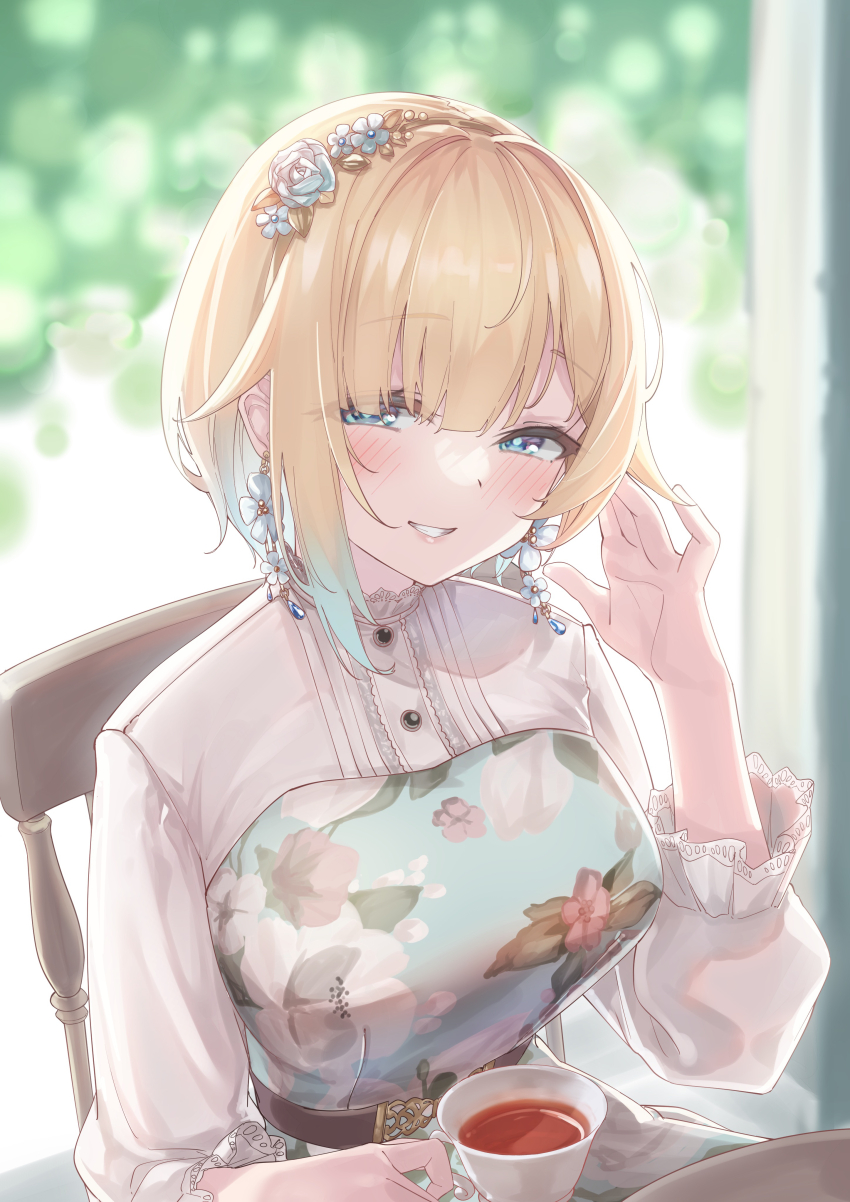 1girl absurdres aizawa_ema aizawa_ema_(3rd_costume) belt blonde_hair blue_eyes blush brown_belt chair collared_dress cup dress earrings floral_print flower flower_earrings gradient_hair grin hair_flower hair_ornament highres jewelry kurumi_tsuchi lace-trimmed_collar lace-trimmed_sleeves lace_trim light_smile long_dress long_sleeves looking_at_viewer multicolored_hair parted_bangs puffy_long_sleeves puffy_sleeves short_hair sitting three-quarter_sleeves smile solo table tea teacup upper_body virtual_youtuber vspo!