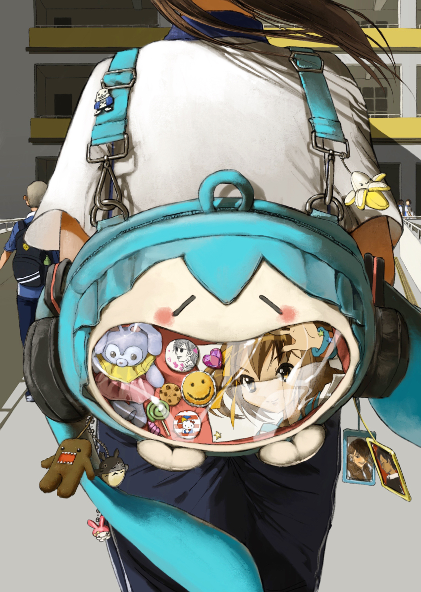 1girl absurdres apartment backpack badge bag banana blue_bag blue_pants brown_hair building button_badge candy character_badge character_charm charm_(object) commentary_request cookie cowboy_shot facing_away food from_behind fruit hatsune_miku head_out_of_frame headphones heart hello_kitty hello_kitty_(character) highres itabag lollipop long_hair lucarios merchandise my_melody onegai_my_melody original oshi-katsu outdoors pants people sanrio shirt solo_focus standing stuffed_animal stuffed_rabbit stuffed_toy suzumiya_haruhi suzumiya_haruhi_no_yuuutsu tonari_no_totoro totoro vocaloid white_shirt wind