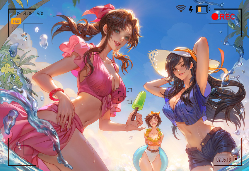 3girls aerith_gainsborough aerith_gainsborough_(pink_mermaid) arms_behind_head bikini black_hair black_shorts blue_shirt bracelet braid braided_ponytail breasts brown_hair closed_mouth crop_top detached_sleeves fan_yang_(jiuge) final_fantasy final_fantasy_vii final_fantasy_vii_rebirth final_fantasy_vii_remake flower flower_necklace food frilled_sleeves frills green_eyes hair_ribbon hairband hat holding holding_food holding_ice_cream holding_swim_ring holding_unworn_clothes holding_unworn_hat ice_cream innertube jewelry large_breasts lei long_hair looking_at_viewer medium_breasts midriff multicolored_bikini multiple_girls navel necklace official_alternate_costume one_eye_closed open_fly open_mouth orange_hairband orange_shirt outdoors palm_tree parted_bangs parted_lips partially_submerged pink_bikini pink_ribbon ribbon shirt short_hair short_shorts short_sleeves shorts sidelocks single_braid smile straw_hat striped_clothes striped_shirt sun_hat swept_bangs swim_ring swimsuit thigh_gap tifa_lockhart tifa_lockhart_(majestic_glamour) tree two-tone_bikini unworn_hat unworn_headwear viewfinder water water_drop wet white_bikini yuffie_kisaragi yuffie_kisaragi_(summer_orange)