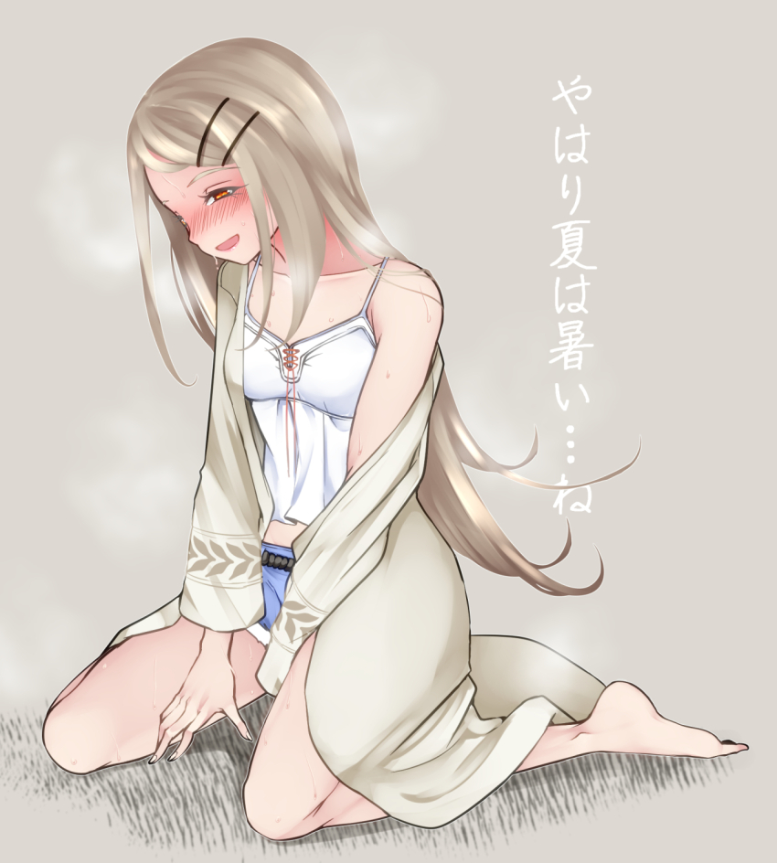 1girl aoshima barefoot blonde_hair blue_shorts blush breasts brown_background brown_coat coat fingernails gakuen_idolmaster hair_ornament hairpin highres idolmaster long_hair open_mouth orange_eyes seiza shinosawa_hiro shirt shorts simple_background single_bare_shoulder sitting solo translation_request white_shirt