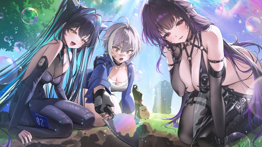 4girls :d ahoge aqua_hair backpack bag bandaid bandaid_on_face bandaid_on_finger bandaid_on_nose bare_shoulders black_gloves black_hair black_nails black_thighhighs blush bodystocking breasts bubble commentary_request detached_sleeves elbow_gloves fingerless_gloves gloves goddess_of_victory:_nikke grey_hair hair_intakes highres holding holding_shovel jacket kneeling large_breasts little_mermaid_(nikke) long_hair mask medium_breasts mihara_(bonding_chain)_(nikke) mihara_(nikke) mori_(nikke) multiple_girls open_mouth purple_eyes purple_hair seiza short_hair shovel sitting smile thighhighs torn_clothes yellow_eyes yuni_(chimera)_(nikke) yuni_(nikke) zhu_yin_(mannermana)