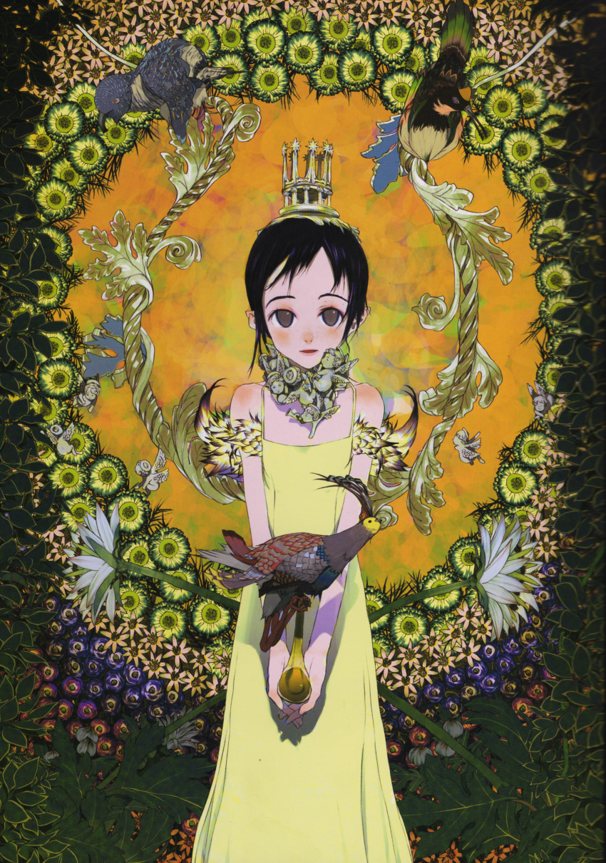 1girl absurdres bare_shoulders bird black_hair blush brown_eyes crown dress female_focus flower hat highres jewelry okama open_mouth original scan short_hair smile solo yellow_dress