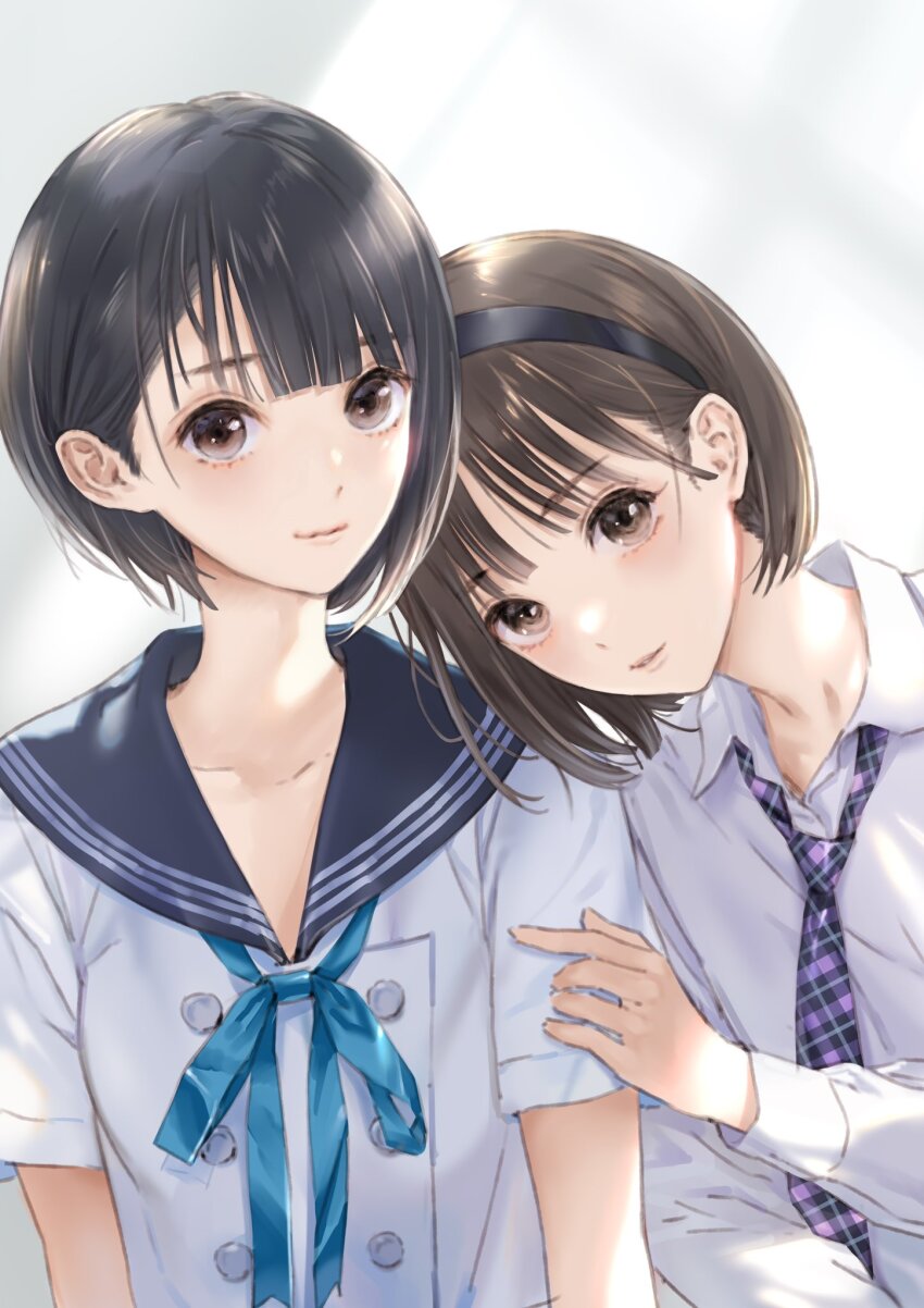 2girls black_hair black_hairband blue_reflection_(series) blue_reflection_tie blue_ribbon brown_eyes brown_hair collared_shirt hairband highres hoshizaki_ao kishida_mel light_smile looking_at_viewer multiple_girls neck_ribbon necktie ribbon school_uniform serafuku shirai_hinako shirt short_hair upper_body white_shirt