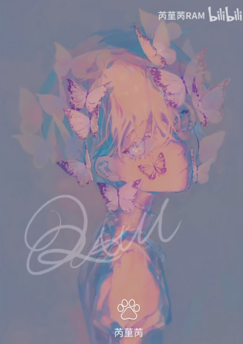 1girl artist_name bad_bcy_id bad_id bare_shoulders bilibili_logo bilibili_username blue_background blue_eyes bug butterfly butterfly_on_face butterfly_on_head chinese_commentary closed_mouth clothing_cutout commentary_request expressionless eyelashes from_side highres insect looking_at_viewer non-web_source original pink_hair pink_shirt pink_theme shirt shiyikui short_hair shoulder_cutout solo turtleneck turtleneck_shirt upper_body
