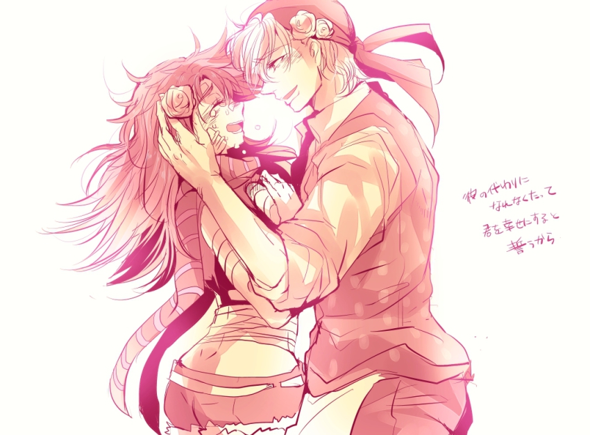 1boy 1girl bakanoise bandana couple denim denim_shorts flower genderswap genderswap_(ftm) genderswap_(mtf) hair_flower hair_ornament hetero jojo_no_kimyou_na_bouken joseph_joestar joseph_joestar_(young) long_hair monochrome pink_theme sadahara_inako sarashi scarf short_shorts shorts suzi_q tears translation_request