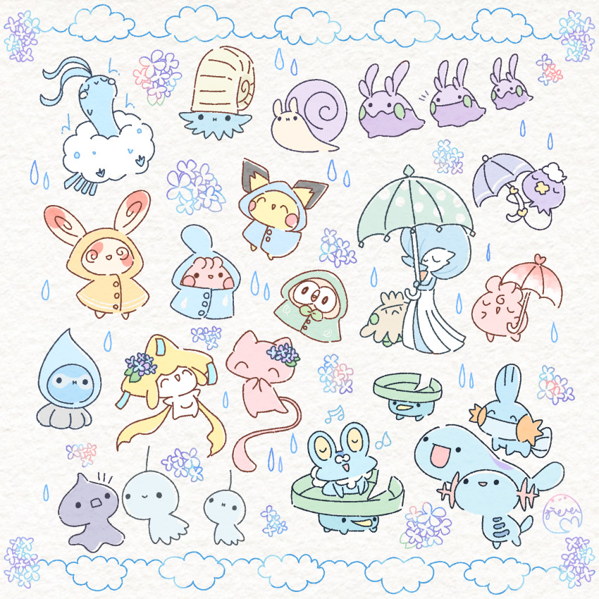 1girl :i @_@ ^_^ altaria alternate_color black_eyes blue_coat blue_flower blue_hair blue_skin blush_stickers bob_cut buttons castform castform_(rainy) chibi closed_eyes clothed_pokemon cloud coat colored_skin covering_own_mouth drifloon ears_through_headwear everyone flat_chest flower froakie frog full_body gardevoir gen_1_pokemon gen_2_pokemon gen_3_pokemon gen_4_pokemon gen_6_pokemon gen_7_pokemon goomy green_coat hair_flower hair_ornament hair_over_one_eye hands_up happiny happy highres holding holding_umbrella hood hood_up hooded_coat igglybuff jirachi legendary_pokemon lotad mew_(pokemon) mudkip multicolored_skin mythical_pokemon nintendo notice_lines omanyte one_eye_covered open_mouth ototo_(otokameseimen) own_hands_together pichu pokemon pokemon_(creature) quagsire rain raincoat rowlet shiny_pokemon short_hair shroomish shuppet slime_(creature) smile snail solid_circle_eyes spinda standing teruterubouzu two-tone_skin u_u umbrella water_drop wavy_mouth wet white_skin wooper yellow_coat