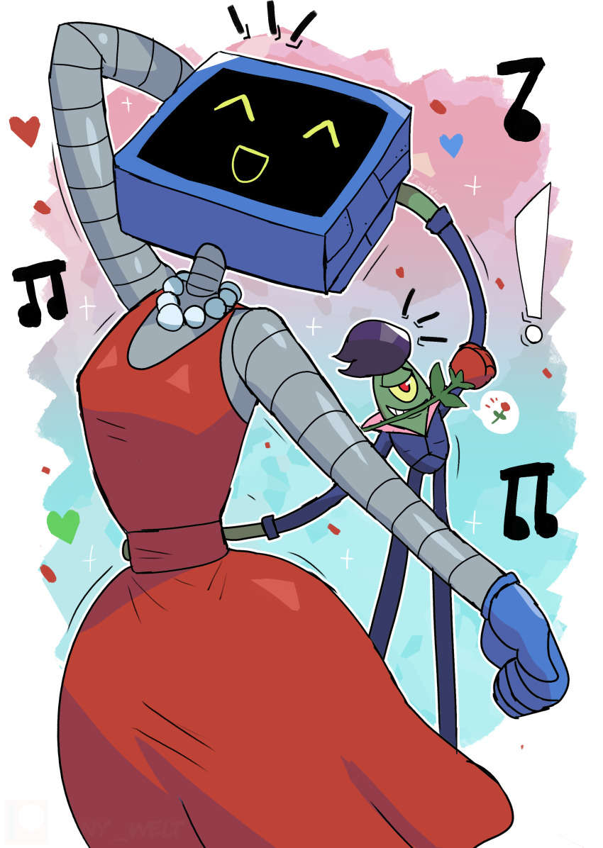 ! 1boy 1girl ^_^ absurdres black_hair black_jacket black_pants blue_background blue_gloves closed_eyes computer cyclops dancing dress flower flower_in_mouth gloves green_eyes grin heart hetero highres husband_and_wife jacket jewelry karen_(spongebob) karen_plankton long_arms long_legs long_sleeves mouth_hold musical_note necklace nickelodeon one-eyed open_mouth pants pearl_necklace plankton red_background red_dress red_eyes robot rose plankton_(spongebob) short_hair sleeveless sleeveless_dress smile sparkle speech_bubble spoken_flower spongebob_squarepants_(series) standing teeth tony_welt two-tone_background wig