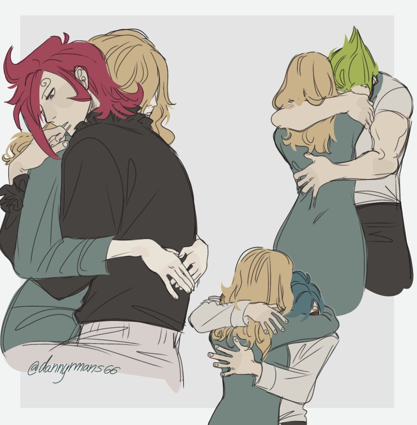 1girl 3boys black_pants black_shirt blonde_hair blue_dress blue_hair commentary curly_eyebrows dannymans66 dress english_commentary green_hair highres hug long_sleeves mother_and_son multiple_boys one_piece pants red_hair shirt simple_background twitter_username vinsmoke_ichiji vinsmoke_niji vinsmoke_sora vinsmoke_yonji white_shirt