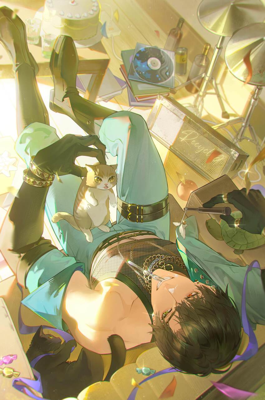 1boy absurdres animal armchair artist_name belt black_belt black_cat black_gloves black_hair blue_pants boots bottle bracelet brown_boots cake candy cat cat_teaser cd cd_case chain chain_necklace chair confetti cup day ear_piercing food full_body gloves green_eyes grin heterochromia highres holding holding_cat_teaser indoors jewelry light_and_night_love looking_at_animal male_focus mole mole_under_eye multiple_rings necklace pants piercing purple_ribbon recycled red_eyes ribbon ring screentones short_hair smile solo sunlight table teeth thigh_strap turtle wine_bottle xiao_yi_(light_and_night_love)