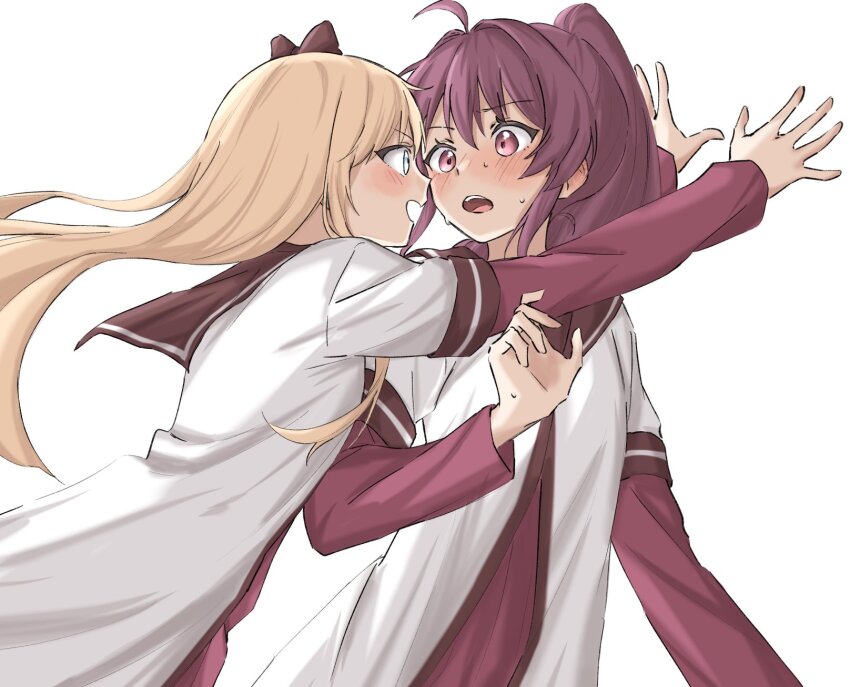 2girls black_bow black_sailor_collar blonde_hair blue_eyes bow commentary_request hair_bow highres long_hair multiple_girls nanamori_school_uniform pink_eyes ponytail purple_hair sailor_collar school_uniform shirt simple_background sugiura_ayano syonosuke9573 toshinou_kyouko white_background white_shirt yuri yuruyuri