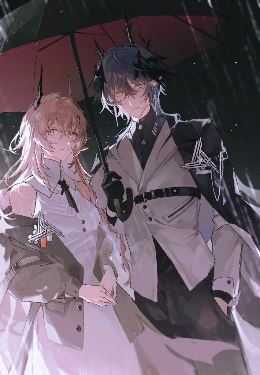 1boy 1girl absurdres ambience_synesthesia arknights bare_shoulders black_cape black_necktie black_shirt black_umbrella cape chest_belt chinese_commentary collared_dress collared_shirt commentary dress dress_shirt earrings formal_clothes grey_eyes grey_hair grey_jacket hair_between_eyes hand_in_pocket head_wings highres holding holding_umbrella horns intblue jacket jewelry lapel_chain lapel_pin lapels logos_(arknights) long_hair looking_at_viewer looking_to_the_side mole mole_under_eye necktie off_shoulder official_alternate_costume open_clothes open_jacket own_hands_together pink_eyes pink_hair pointy_ears rain shared_umbrella shawl_lapels shirt short_necktie sleeveless sleeveless_dress suit suit_jacket theresa_(arknights) umbrella white_jacket wings