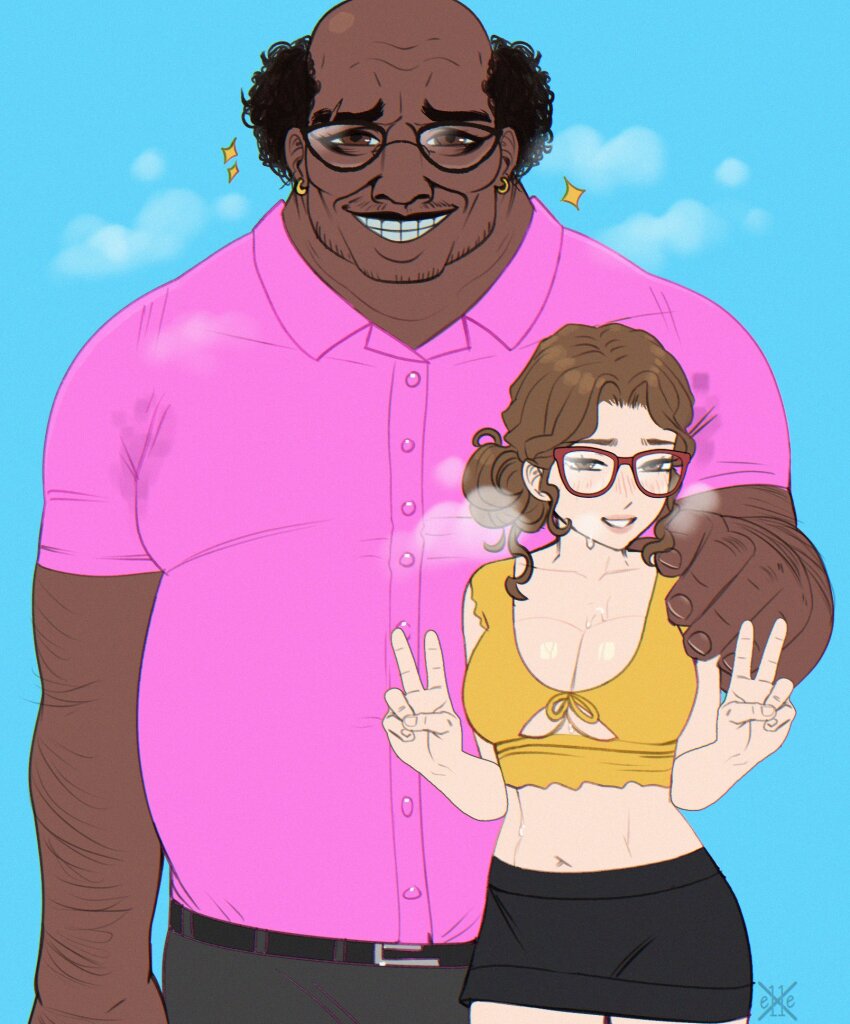 1boy 1girl artist_self-insert averting_eyes bald black_hair blush breasts breath brown_eyes brown_hair cleavage clothed_after_sex clothes clothing_cutout commentary dark-skinned_male dark_skin double_v e11e el_(e11e) english_commentary fat fat_man glasses hand_on_another&#039;s_shoulder heavy_breathing height_difference hetero highres implied_after_sex interracial large_breasts long_hair navel original pink_shirt red-framed_eyewear shirt size_difference smile sweat tall thighs ugly_bastard underboob_cutout v very_dark_skin yellow_shirt
