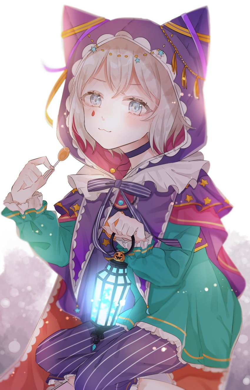 1girl :3 aoba_moca bad_id bad_pixiv_id bang_dream! blue_eyes candy choker closed_mouth food grey_hair highres hood hoodie lantern lollipop long_sleeves pants pumpkin ribbon shain short_hair simple_background solo white_background