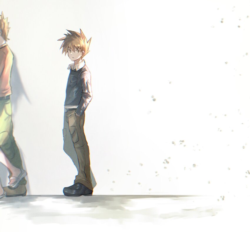 1girl 2boys absurdres blue_oak brock_(pokemon) brown_pants collared_shirt commentary from_side green_pants hand_in_pocket highres jacket looking_back misty_(pokemon) multiple_boys nintendo orange_shirt pants pokemon pokemon_hgss sandals shirt shiruko_(s1ruko) shoes short_hair spiked_hair standing white_background white_shirt