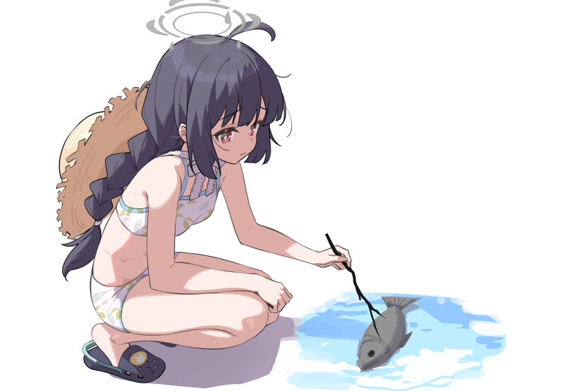 1girl ahoge bikini black_hair blue_archive braid breasts crocs deatheach fish full_body grey_halo halo hat hat_on_back highres holding holding_stick leaf_print miyu_(blue_archive) miyu_(swimsuit)_(blue_archive) official_alternate_costume print_bikini small_breasts solo squatting stick straw_hat swimsuit twin_braids white_background white_bikini