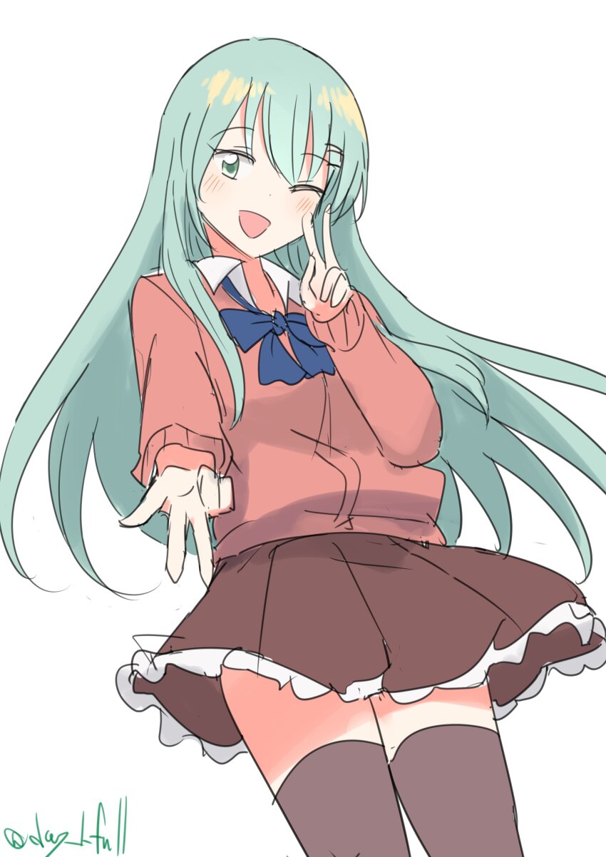 1girl absurdres aqua_hair black_thighhighs blue_bow blue_bowtie bow bowtie brown_skirt cardigan cowboy_shot frilled_skirt frills green_eyes gyaru_v hair_ornament hairclip highres kantai_collection official_alternate_costume one_eye_closed pink_cardigan pleated_skirt robinson_(day_l_full) simple_background skirt solo suzuya_(kancolle) suzuya_(school_girl)_(kancolle) thighhighs twitter_username v white_background