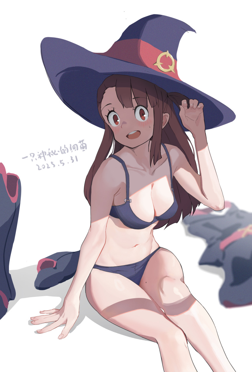 1girl absurdres black_bra black_panties bra breasts brown_hair commentary_request hat highres kagari_atsuko little_witch_academia long_hair looking_at_viewer luna_nova_school_uniform medium_breasts navel open_mouth panties red_eyes school_uniform simple_background solo translation_request underwear user_xktd5287 white_background witch_hat