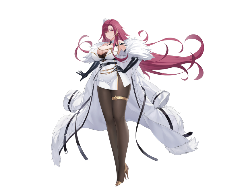 1girl absurdres azur_lane black_bra black_gloves bra bra_peek breasts brown_pantyhose chinese_commentary cleavage coat command_&amp;_conquer command_&amp;_conquer:_red_alert command_&amp;_conquer:_red_alert_2 elbow_gloves feng_mouren full_body fur-trimmed_coat fur_trim gloves gold_shoes hand_on_own_hip high_heels highres jacket large_breasts latex latex_gloves long_hair long_sleeves open_clothes open_coat pantyhose personification red_eyes red_hair shoes simple_background sleeveless sleeveless_jacket solo standing thigh_strap underwear very_long_hair white_background white_coat white_jacket