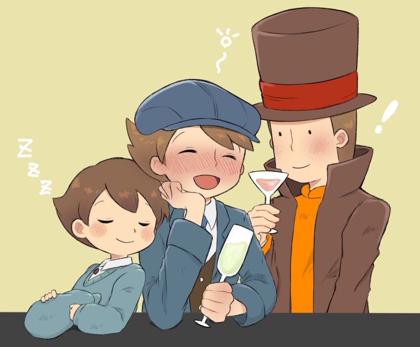 3boys :d ^_^ black_eyes blue_headwear blue_jacket blue_sweater blush brown_hair brown_headwear brown_jacket newsboy_cap closed_eyes closed_mouth collared_shirt commentary_request cup drinking_glass drunk future_luke hand_on_own_chin hand_up hat hershel_layton high_collar highres holding holding_unworn_clothes holding_unworn_hat jacket kiwami_(kiwamimuneko) leaning_on_person long_sleeves looking_at_another luke_triton male_focus multiple_boys nose_blush open_clothes open_jacket open_mouth orange_sweater professor_layton professor_layton_and_the_unwound_future shirt short_hair sleeping smile squeans sweater top_hat unworn_hat unworn_headwear upper_body white_shirt wine_glass yellow_background