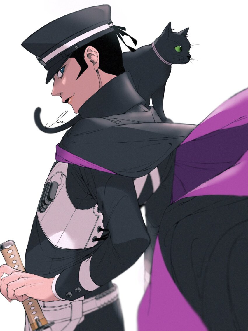 1boy animal animal_on_shoulder belt black_cat black_hair blue_eyes cat cat_on_shoulder cloak devil_summoner:_raidou_kuzunoha_vs_the_soulless_army devil_summoner_(series) fighting_stance floating_cape gouto green_eyes hat highres katana kuzunoha_raidou looking_at_viewer male_focus peaked_cap purple_cloak ready_to_draw s_ir_s short_hair sideburns sword tube weapon