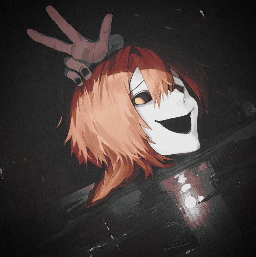 1boy braid commentary_request film_grain highres homicipher long_hair male_focus mr._chopped night orange_eyes orange_hair outdoors puddle rain severed_head severed_limb solo v yonq98