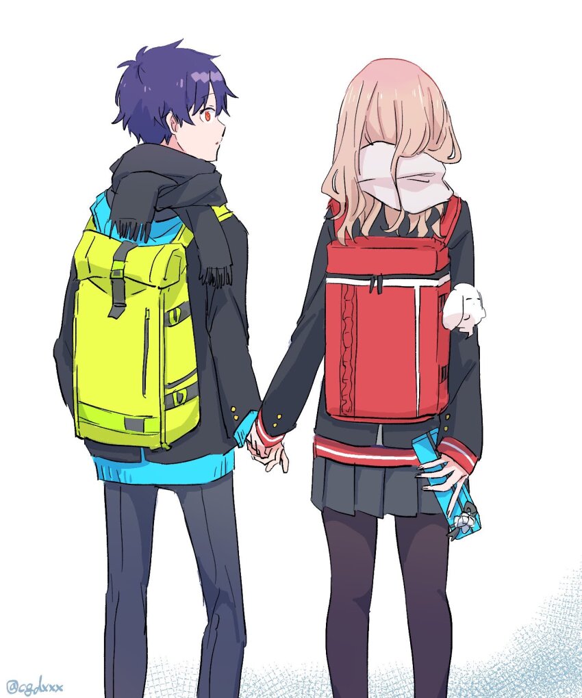 1boy 1girl asanaka_yomogi blue_hair brown_hair couple gift gridman_universe happy_birthday hetero highres himagosan holding holding_hands hood hoodie jacket long_hair long_sleeves minami_yume pleated_skirt scarf school_uniform shirt short_hair simple_background skirt ssss.dynazenon thighhighs yellow_eyes