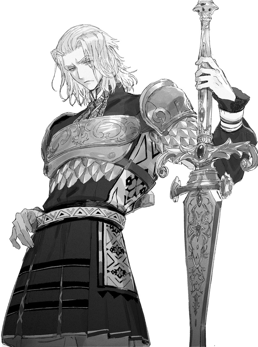 1boy absurdres alternate_costume armor breastplate cowboy_shot doranatsu_(plant_ffxiv) emet-selch final_fantasy final_fantasy_xiv greyscale highres holding holding_sword holding_weapon male_focus monochrome pauldrons short_hair shoulder_armor simple_background solo standing sword weapon white_background