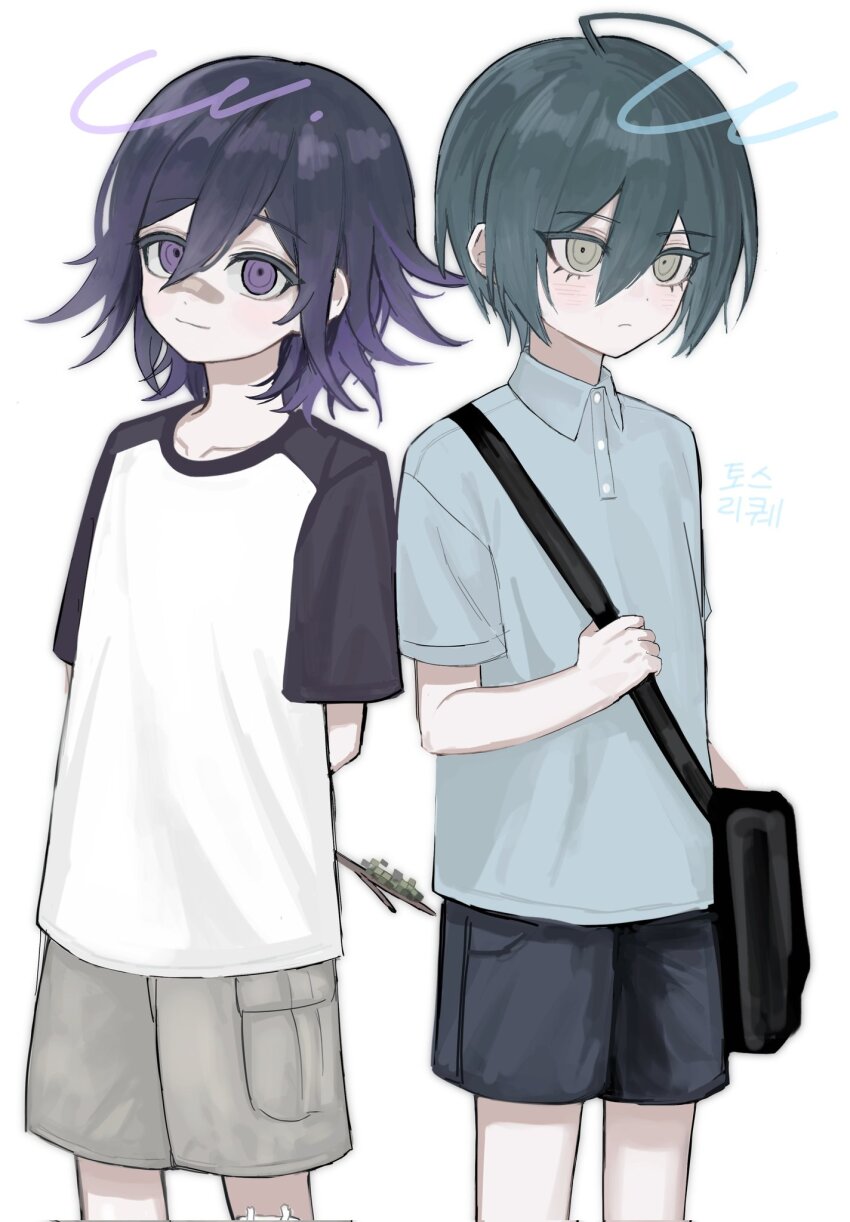 2boys aged_down ahoge bag bandaid bandaid_on_face bandaid_on_nose black_bag black_hair black_shirt black_shorts blush brown_eyes brown_shorts collarbone cowboy_shot danganronpa_(series) danganronpa_v3:_killing_harmony hair_between_eyes highres multiple_boys nuns197 oma_kokichi saihara_shuichi shirt short_hair shorts shoulder_bag simple_background smile two-tone_shirt white_background white_shirt