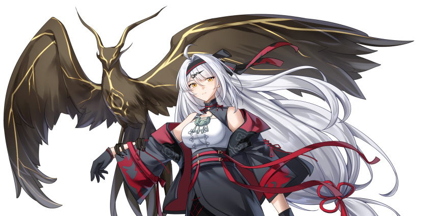 1girl ahoge alternate_costume animal_on_arm back_bow bare_shoulders bird bird_on_arm black_bird black_collar black_gloves black_hairband black_jacket black_skirt bow breasts closed_mouth collar commentary cowboy_shot gloves grey_hair hair_bow hair_intakes hair_ornament hairband hamilundenongdizhe high-waist_skirt highres jacket large_breasts long_hair looking_at_viewer off_shoulder open_clothes open_jacket shirt shirt_tucked_in simple_background skirt solo very_long_hair white_background white_shirt yellow_eyes yixuan_(zenless_zone_zero) zenless_zone_zero