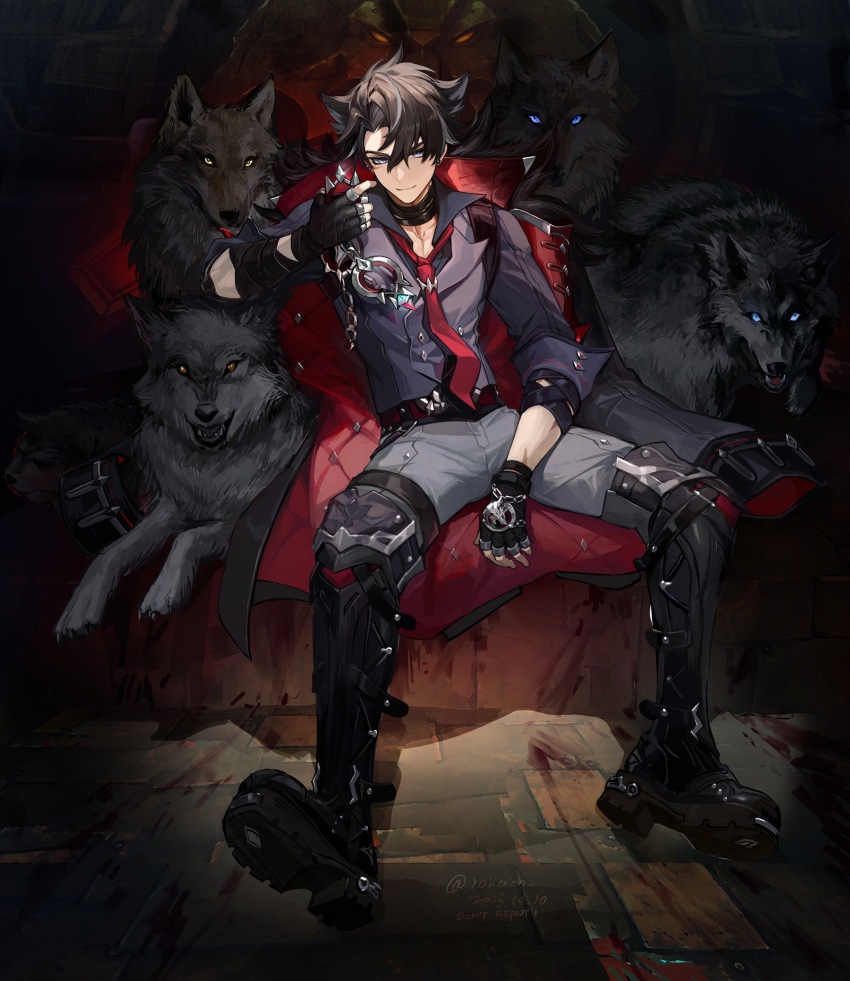 1boy absurdres animal bandaged_arm bandaged_neck bandages black_boots black_gloves black_hair blue_eyes boots coat coat_on_shoulders cuffs dated ear_piercing fingerless_gloves full_body genshin_impact gloves grey_hair grey_pants hair_between_eyes handcuffs highres holding holding_handcuffs looking_at_viewer male_focus necktie pants piercing red_necktie rokuon scar scar_on_neck sitting solo thigh_boots twitter_username wolf wriothesley_(genshin_impact) yellow_eyes
