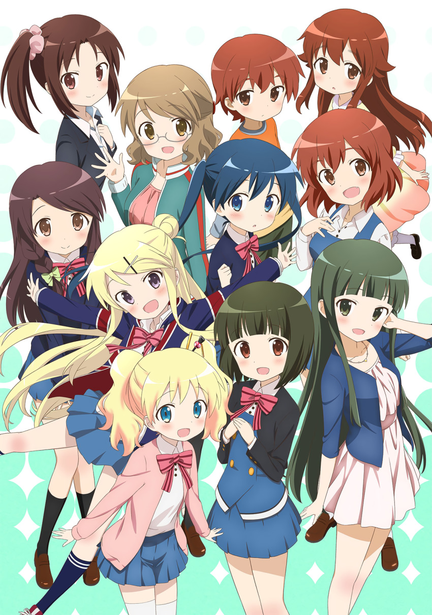 1boy 6+girls :d :o alice_cartelet arm_up arms_up black_jacket black_legwear black_suit blonde_hair blue_eyes blue_hair blue_jacket blue_skirt blue_sweater braid brown_hair business_suit choker clenched_hand closed_mouth collared_shirt dress flag formal_clothes glasses green_hair hair_ornament hair_ribbon hairclip hand_in_own_hair hand_on_own_face highres inokuma_kouta inokuma_mitsuki inokuma_youko jacket karasuma_sakura kin-iro_mosaic komichi_aya kujou_karen kuzehashi_akari leg_up loafers long_hair matsubara_honoka medium_hair multiple_girls official_art oomiya_isami oomiya_shinobu open_mouth pant_suit pants pink_dress pleated_skirt pointing red_eyes red_hair red_sweater ribbon school_uniform shirt shoes short_hair simple_background skirt smile suit sweater thighhighs track_suit twintails ueta_kazuyuki v waving white_dress white_legwear white_shirt white_sweater
