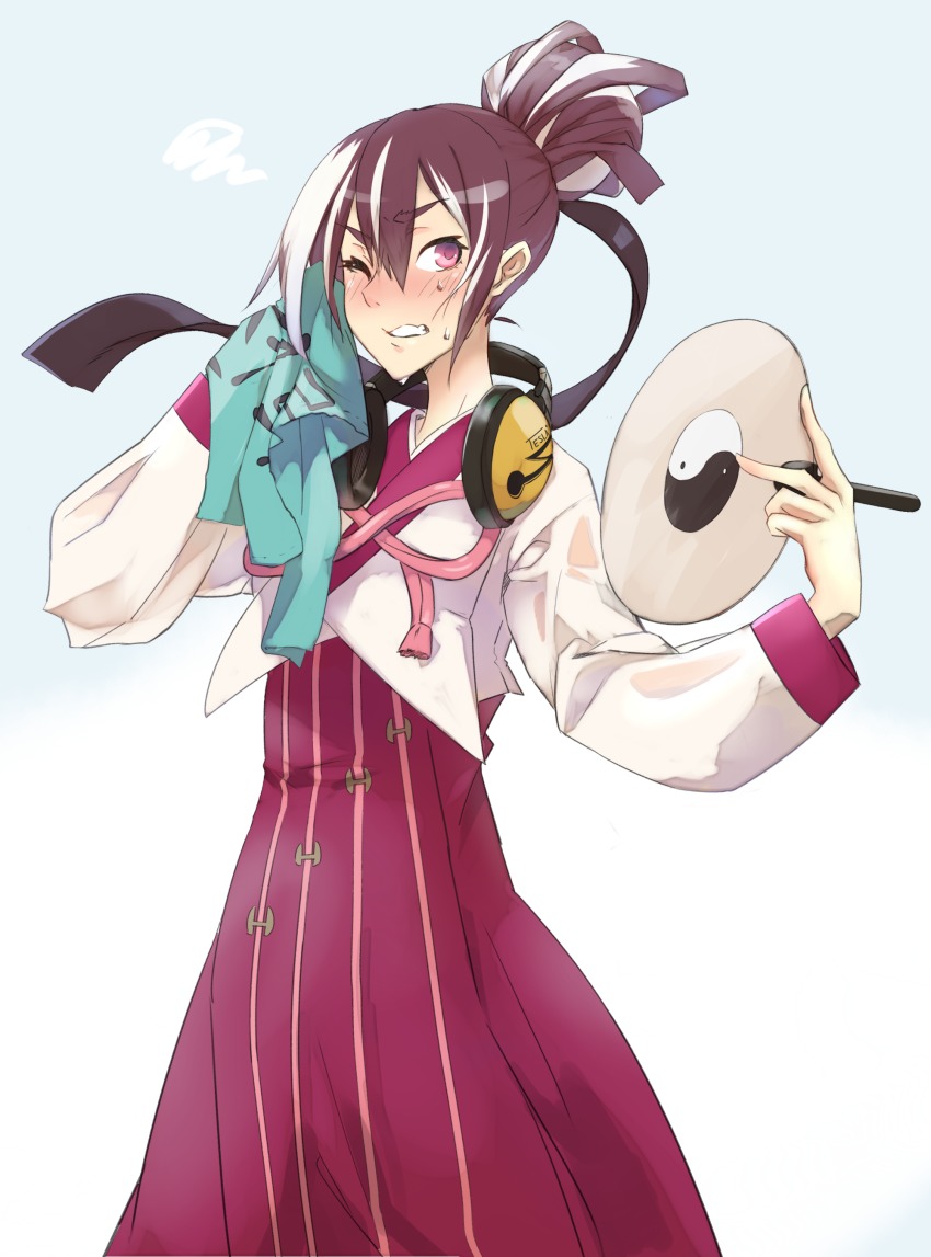 1girl absurdres clenched_teeth female_focus flat_chest guilty_gear guilty_gear_xrd hair_bun hanbok hand_fan headphones highres korean_clothes kum_haehyun long_skirt looking_at_viewer multicolored_hair one_eye_closed purple_eyes purple_hair rdc7229 single_hair_bun skirt solo sweat teeth towel two-tone_hair white_hair wince