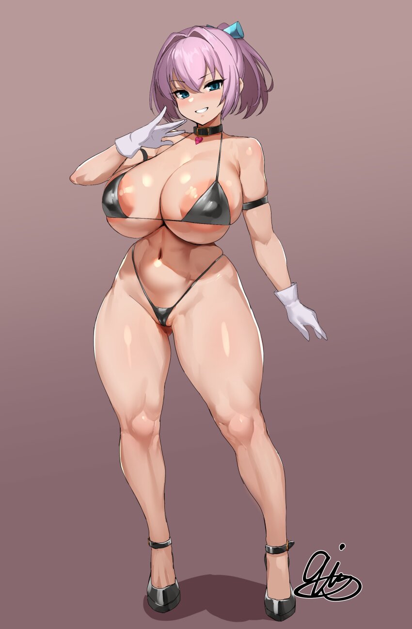 1girl 9is absurdres aqua_eyes aqua_ribbon areola_slip arm_strap bare_shoulders belt belt_collar bikini black_belt black_bikini black_choker black_collar black_shoes blush breasts cameltoe choker collar collarbone commentary covered_erect_nipples curvy gloves gluteal_fold grin hair_between_eyes hair_intakes hair_ribbon hand_up heart_collar highres huge_breasts kantai_collection knees large_areolae looking_at_viewer medium_hair micro_bikini navel pink_background pink_hair ponytail ribbon shiranui_(kancolle) shoes signature smile solo stomach swimsuit thick_thighs thighs white_gloves wide_hips